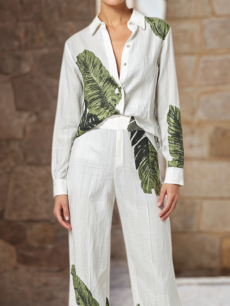 Linen Shirt Breathable - UOOZEE المرأة الربيع الأخضر ورقة مطبوعة