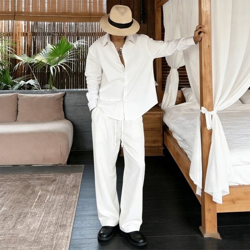 Linen Shirt Breathable - طقم كتان أبيض فضفاض بأكمام طويلة،
