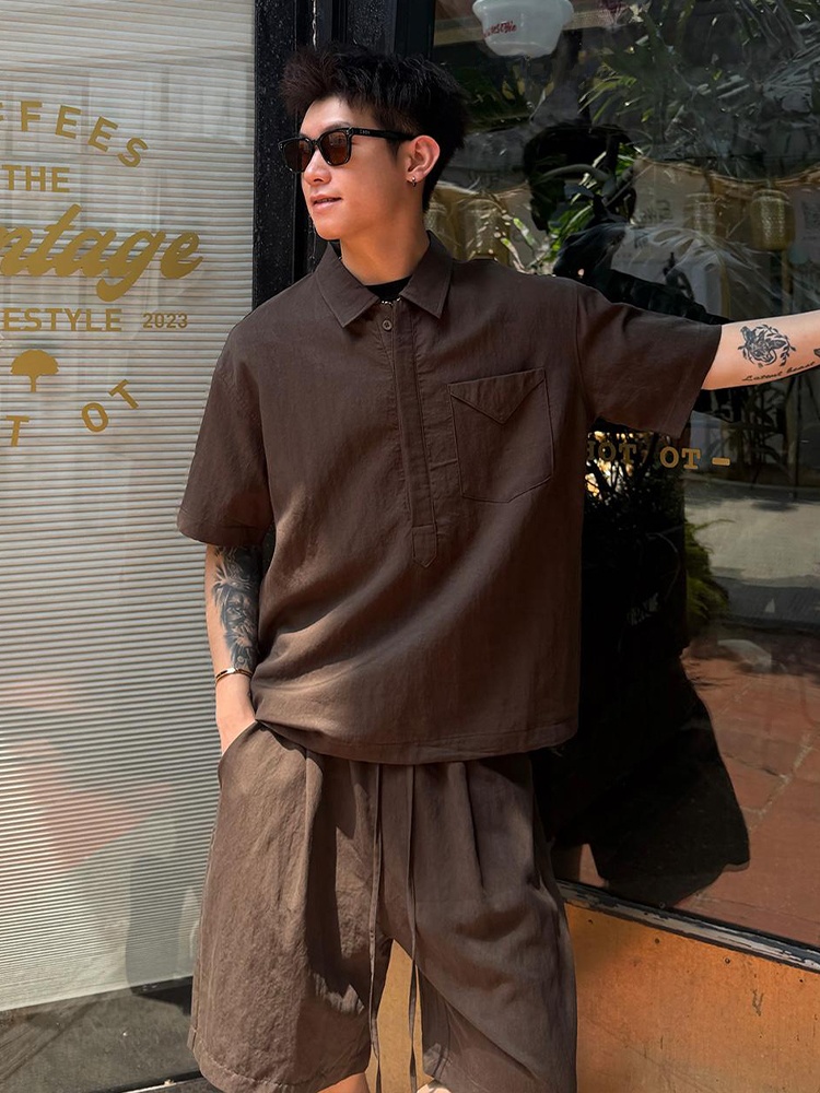 Linen Shirt Breathable - طقم قميص وشورت كتان صيفي للرجال،