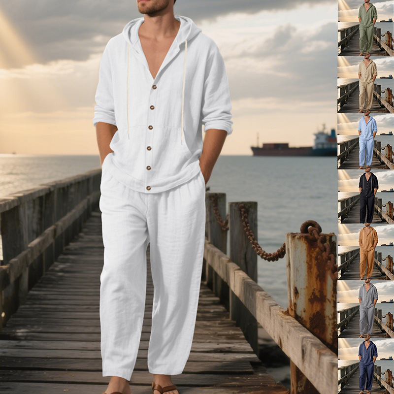 Linen Shirt Breathable - طقم صيفي رجالي أمريكي فضفاض من