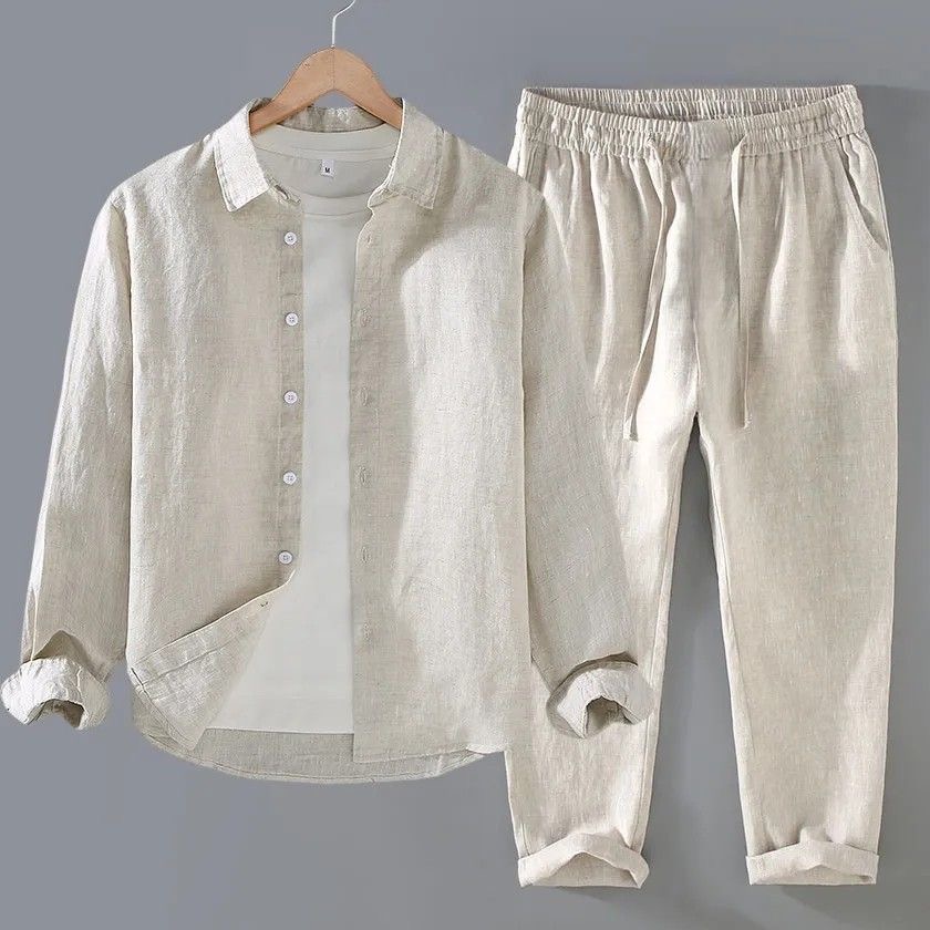 طقم كتان أبيض فضفاض بأكمام طوي - مراجعة Linen Shirt Breathable وسعره
