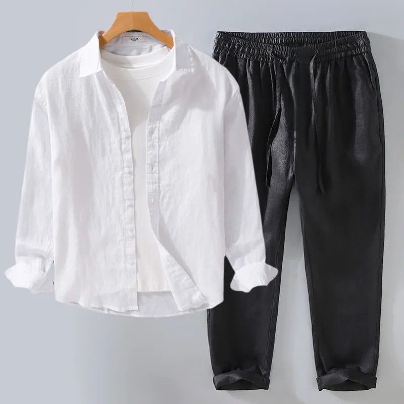 طقم كتان أبيض فضفاض بأكمام طوي - مراجعة Linen Shirt Breathable وسعره