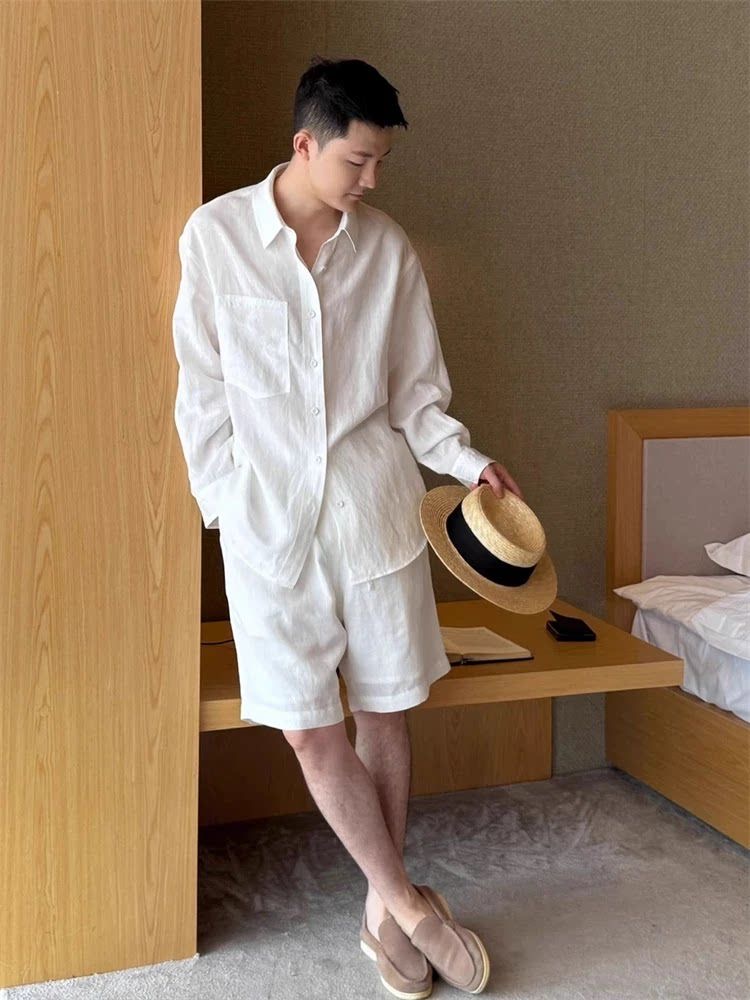 طقم كتان صيفي أنيق للرجال، قمي - مراجعة Linen Shirt Breathable وسعره